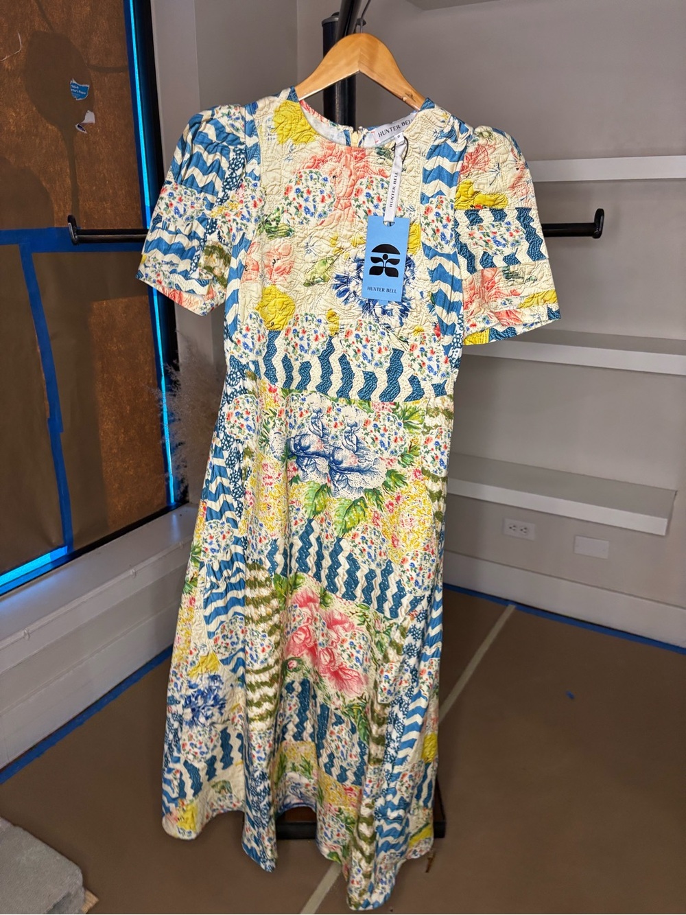 HUNTER BELL Quilted Floral Patchwork Dress in Blue, Yellow & Pink